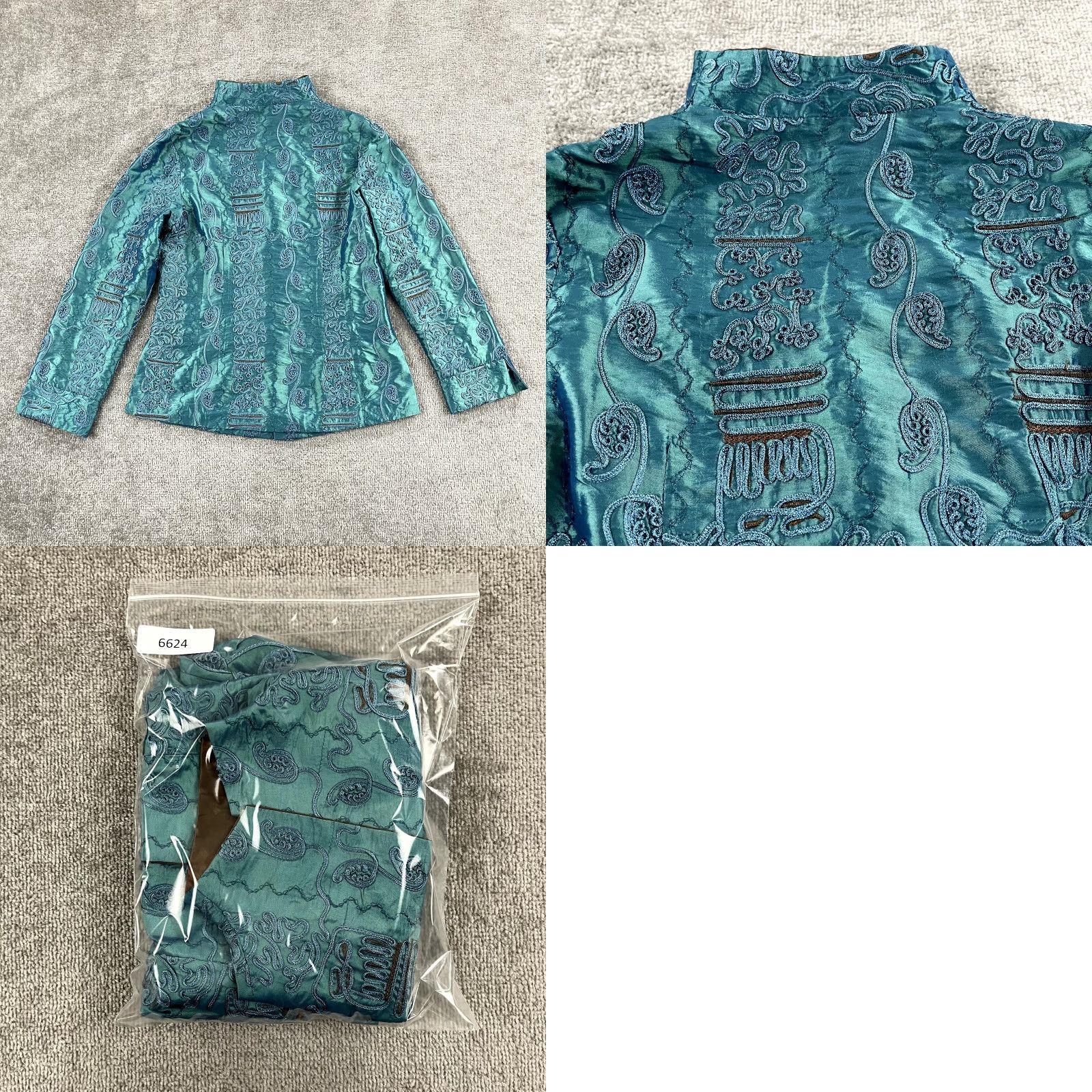 Vintage Shanghai Soho Blouse Women Medium Bluish Green Silk Rayon Embroidered Asian Size M / US 6-8 / IT 42-44 - 8 Thumbnail