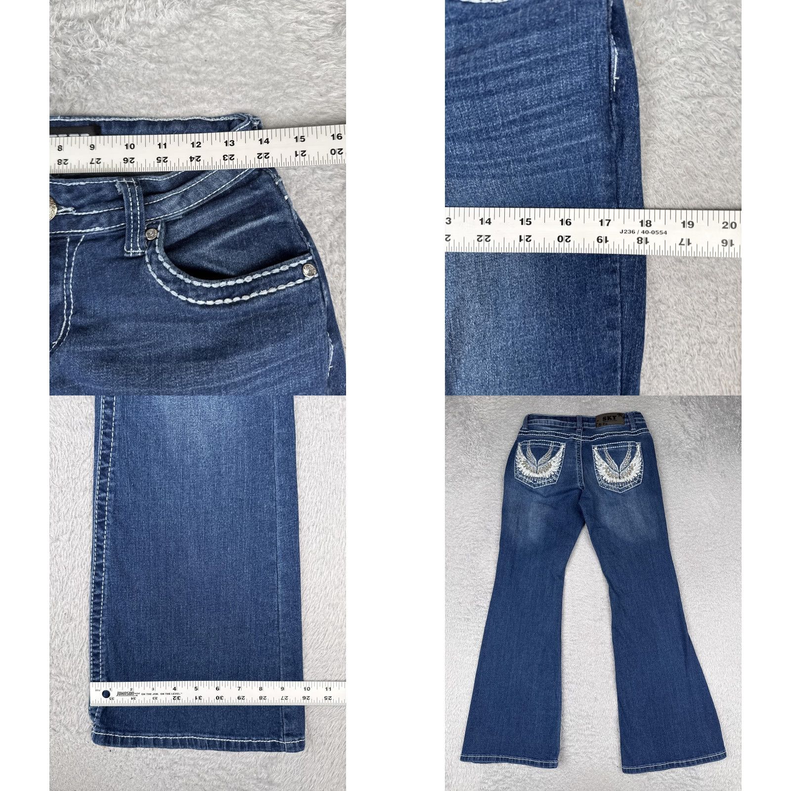 Vintage Sky Jeans Juniors 7 Blue Med Wash Low Rise Flared Stretch Rhinestone Pockets 5-Pocket Denim Slim Women's Size 28" / US 6 / IT 42 - 9 Thumbnail