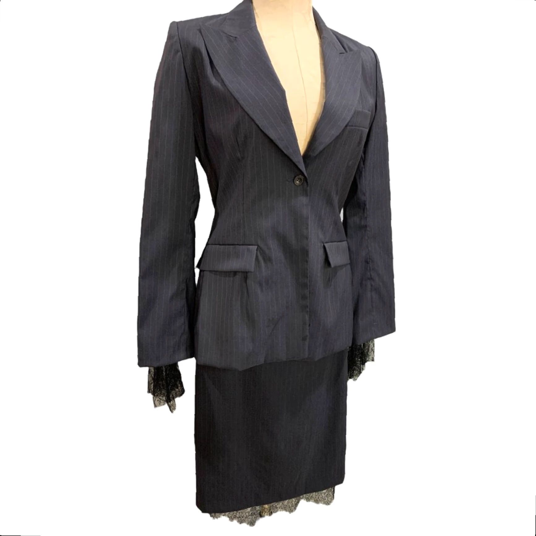 Vintage VINTAGE Marcel Marongiu Skirt Suit Black Pinstripe Lace Trim Size 38 Women Size 26" / US 2 / IT 38 - 2 Thumbnail