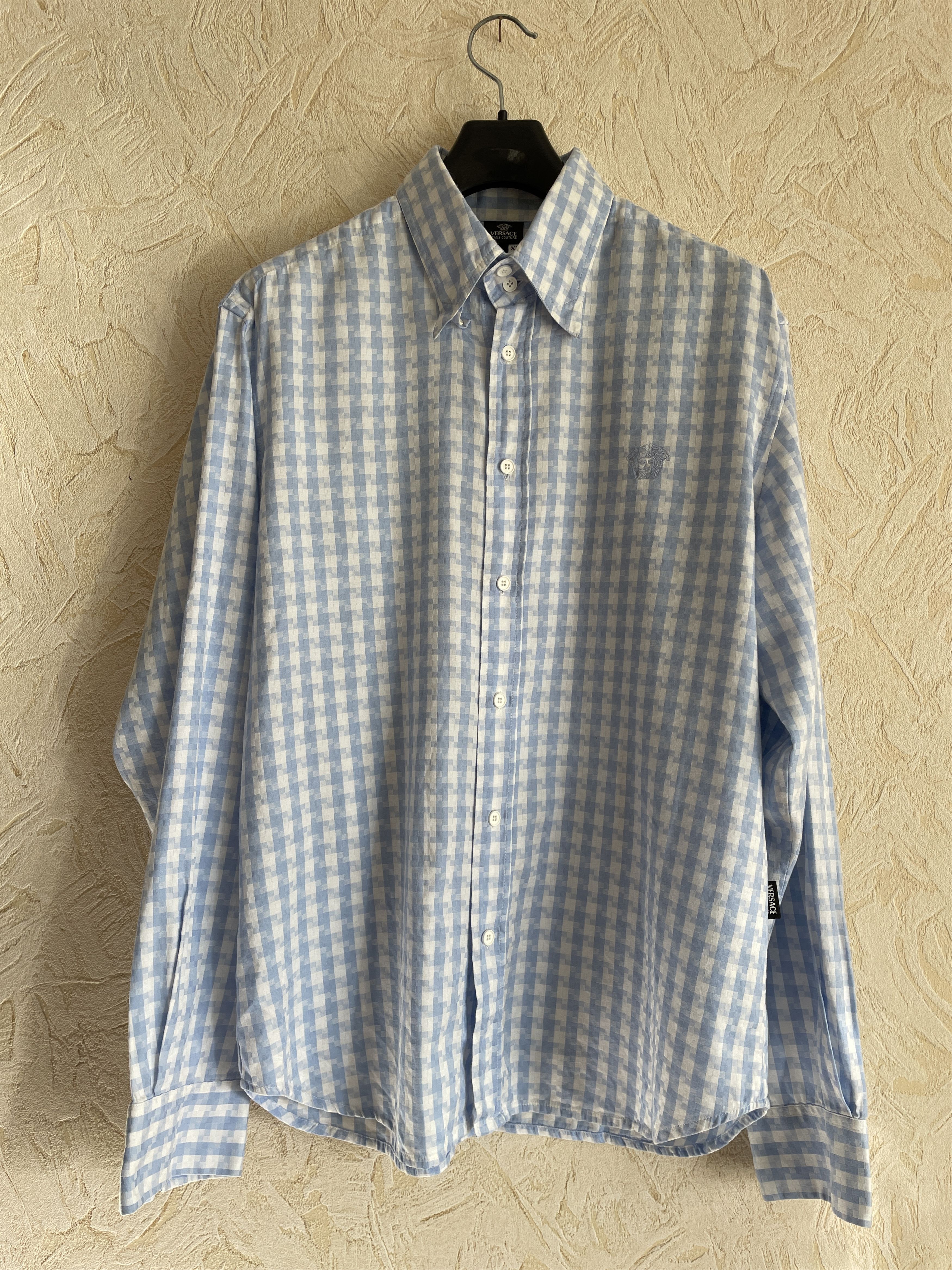 Versace Embroidered Logo Medusa Plaid Blue Button Up Shirt