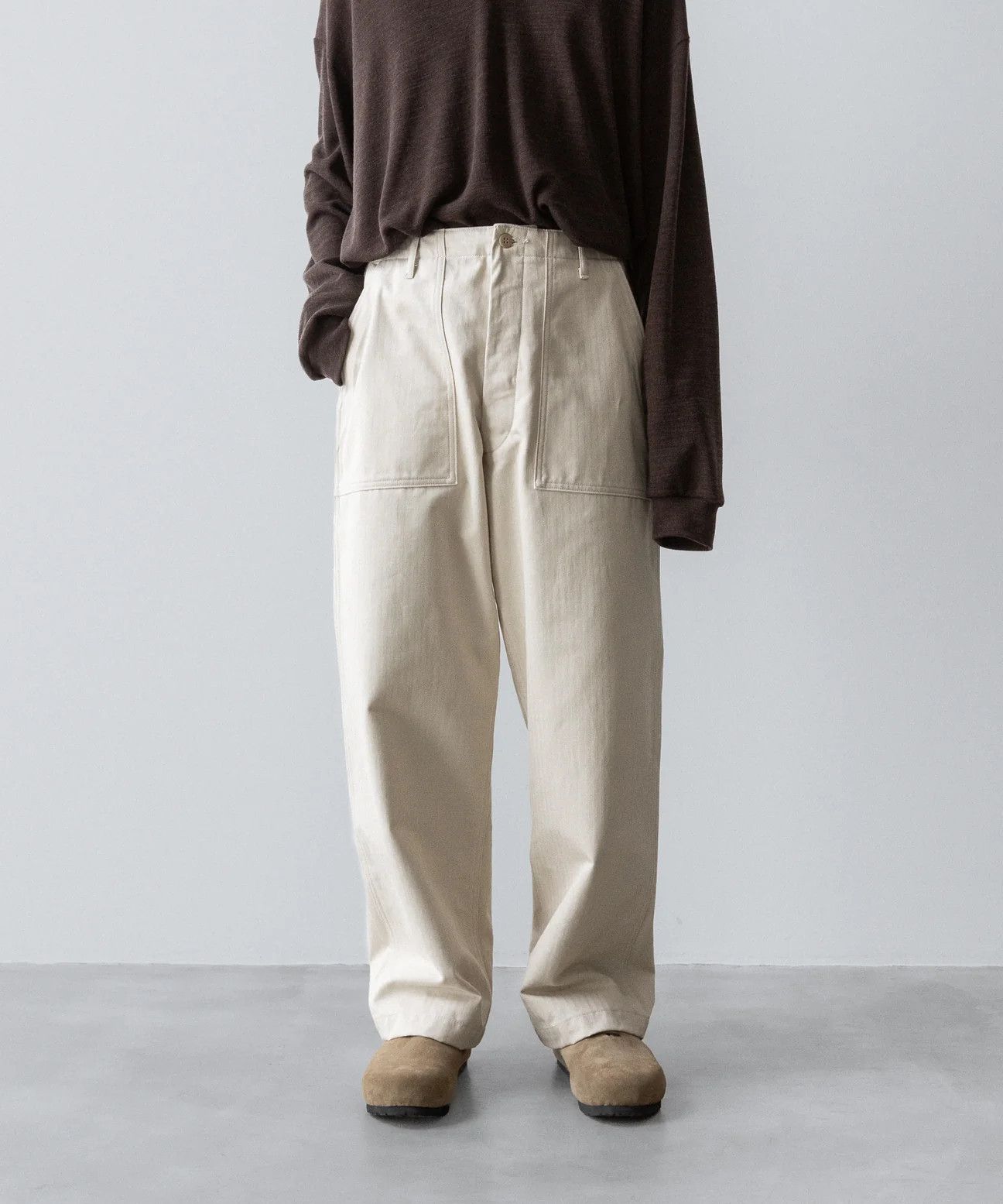 Japanese Brand Interim ORGANIC COTTON HBT TWILL BAKER PANTS - IVORY Size US 31 - 1 Thumbnail