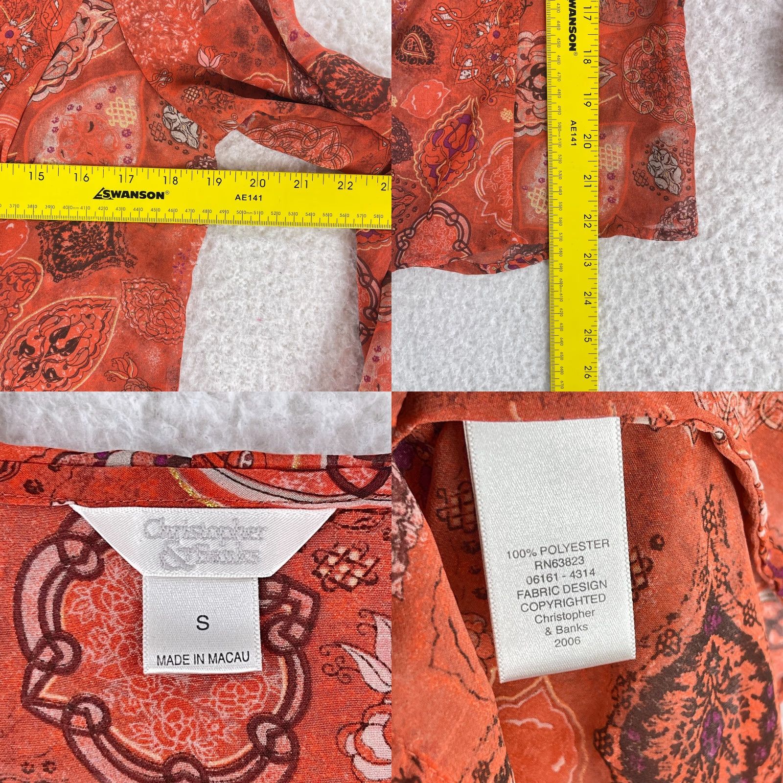 Vintage Christopher & Banks Shirt Womens Small Orange Paisley Sheer Chiffon Button-Front Size S / US 4 / IT 40 - 8 Thumbnail