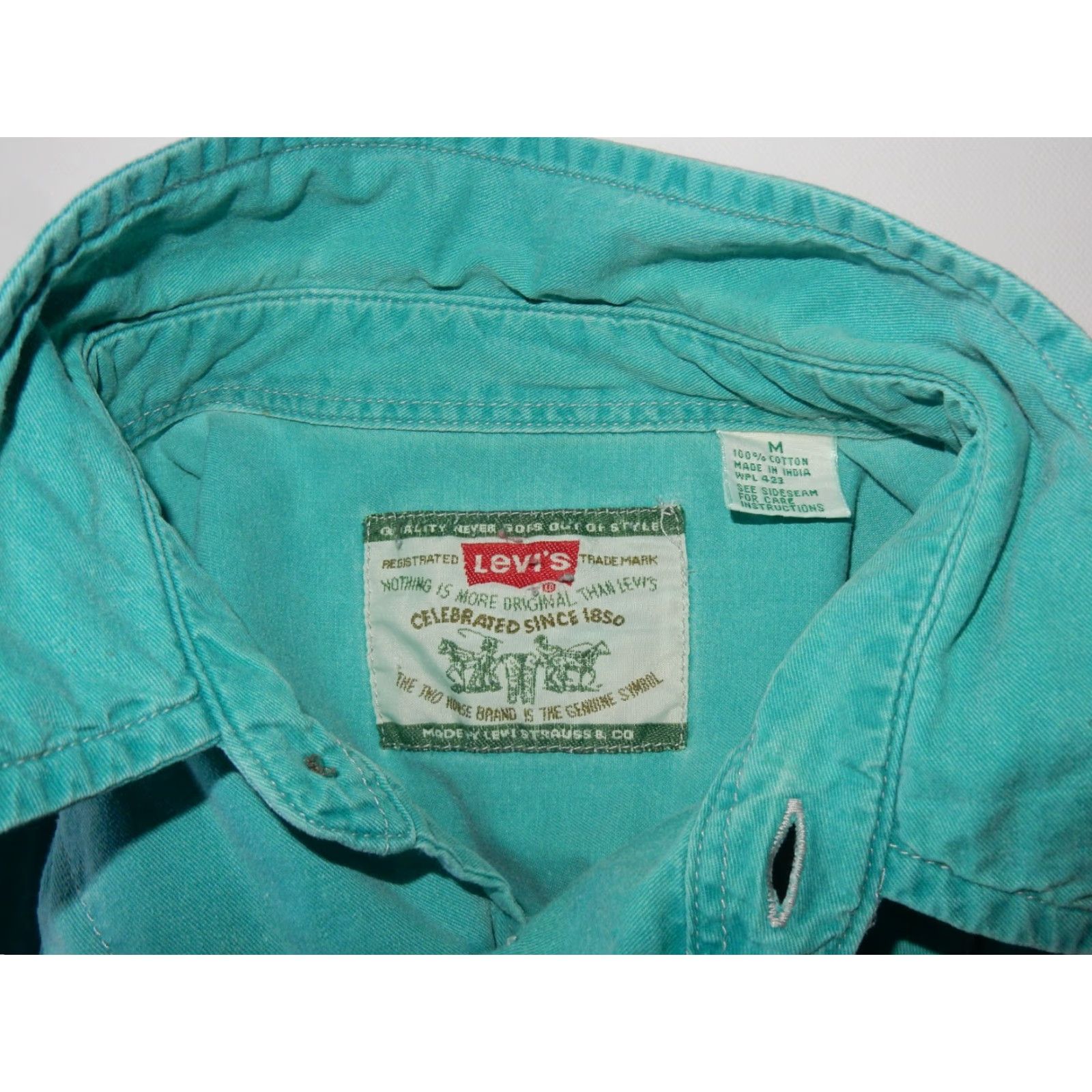 Levi's VTG Levi's Men's Button-Up Shirt Size M Short Sleeve Green Cotton Denim 22W 16.5S 31.5L Size US M / EU 48-50 / 2 - 5 Thumbnail