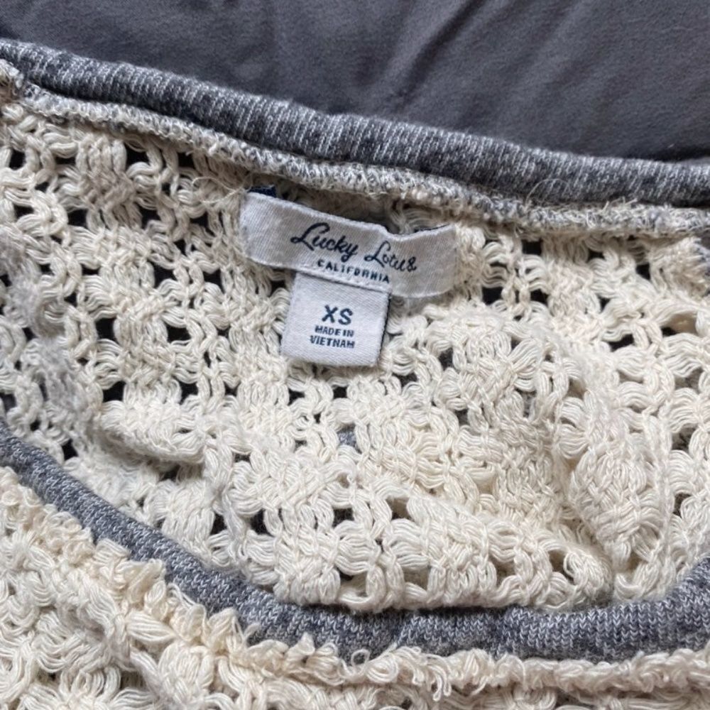 Other Lucky Lotus Gray Crochet Detail 3/4 Sleeve Knit Top | Size X Size XS / US 0-2 / IT 36-38 - 4 Thumbnail