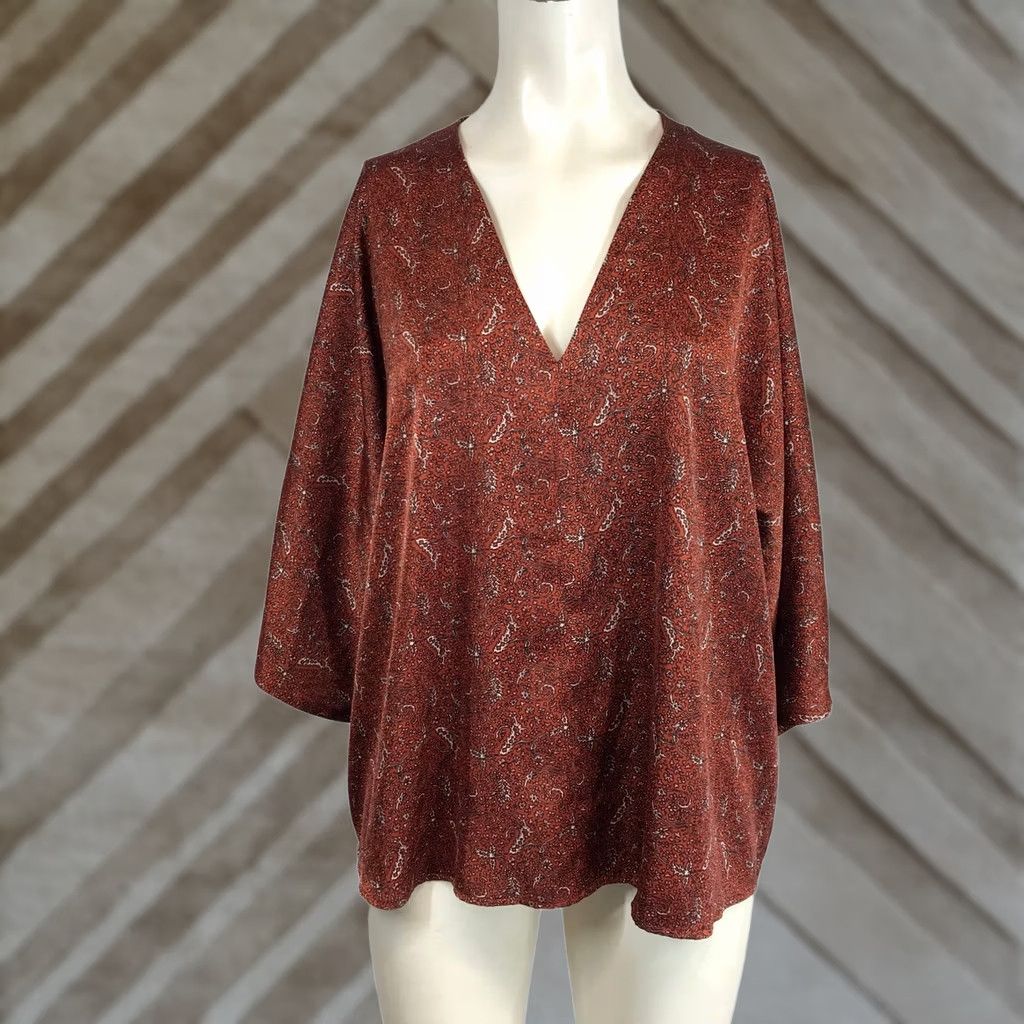 Banana Republic Banana Republic Blouse V-Neck 3/4 Sleeve Satin Paisley Women's Size L Brown Orange Tunic Casual Womens Size L / US 10 / IT 46 - 1 Thumbnail