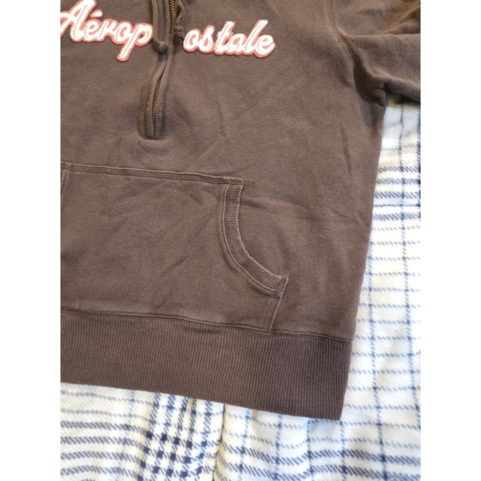 Vintage VINTAGE Aeropostale 1/2 Zip Hoodie Brown Womens Large Embroidered Spellout Logo Pocket Hooded Crew Neck Fleece Cotton Polyester Fall Winter Spring Size L / US 10 / IT 46 - 7 Thumbnail