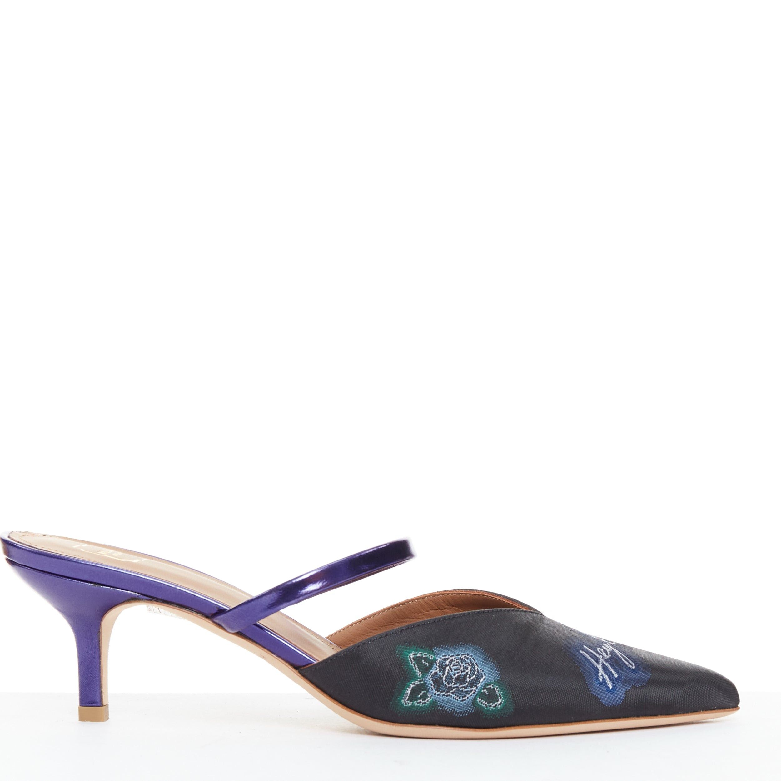 Malone Souliers MALONE SOULIERS Marla Hey Lover blue black brocade satin strapped mules EU37 Size US 7 / IT 37 - 1 Thumbnail