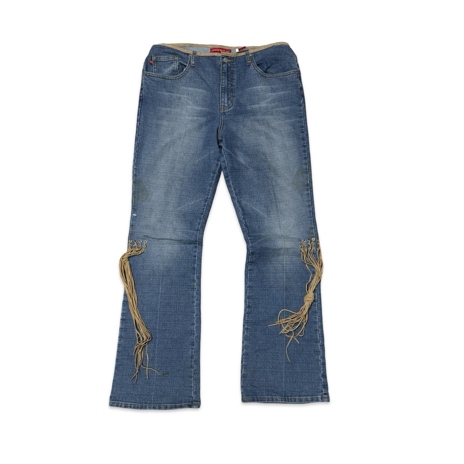 Designer London Blue Low Waist Viggos Jeans with Fringe Detailing Size 38" / US 16 / IT 52 - 1 Thumbnail