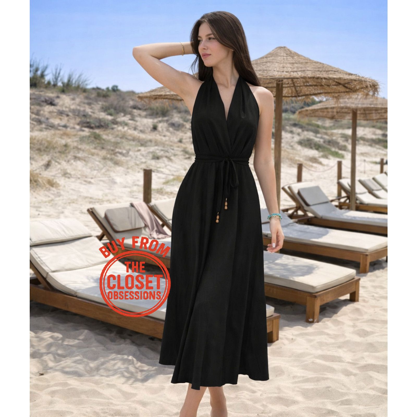 ZARA Blogger Fave Black Linen Blend Midi Dress NWT