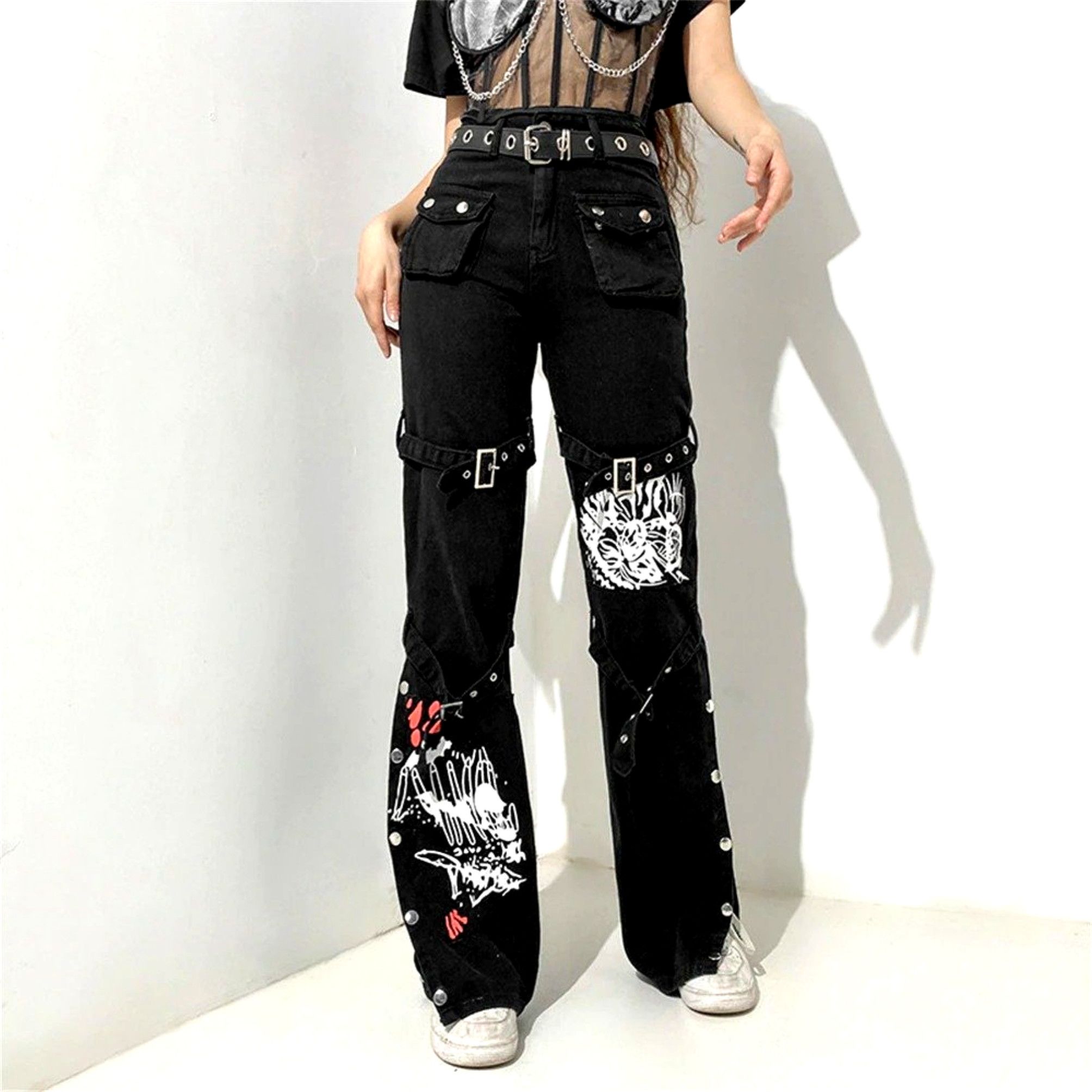 Designer × Japanese Brand × Vintage Punk Goth Floral Straps Pockets Side Fly Slit Cargo Trousers Size 27" / US 4 / IT 40 - 3 Thumbnail