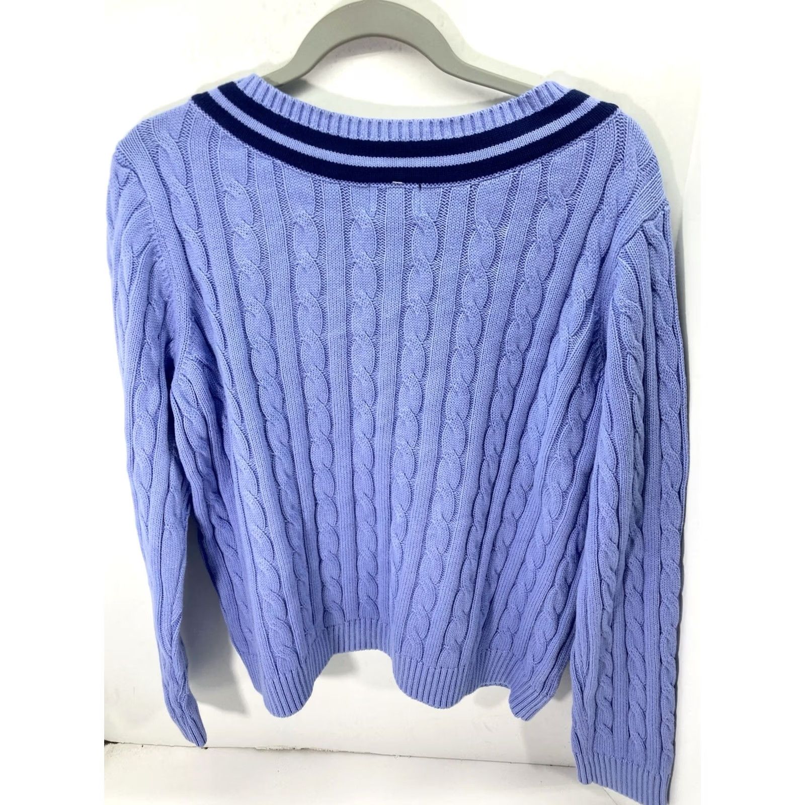Lands' End Lands' End V Neck Cable Sweater Women Large Blue Long Sleeve Pullover Cotton NWT Size L / US 10 / IT 46 - 7 Thumbnail
