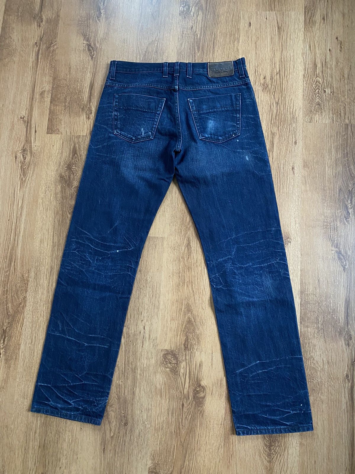 image of Gucci Distressed Painted Jeans in Blue, Men's (Size 33)