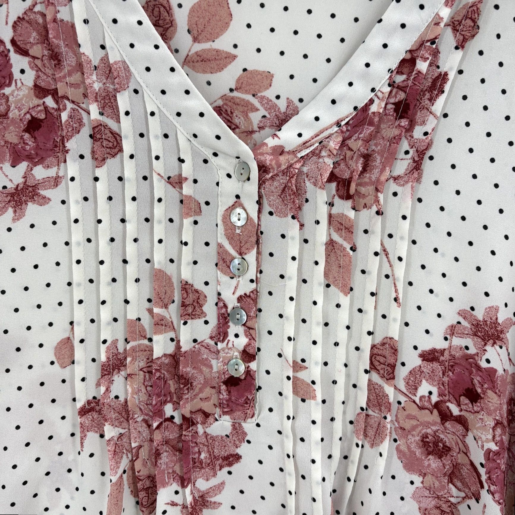 Vintage Rose + Olive Blouse Womens 1X Plus White Floral Dot V Neck 3/4 Sleeve Tunic Top Size XL / US 12-14 / IT 48-50 - 2 Thumbnail