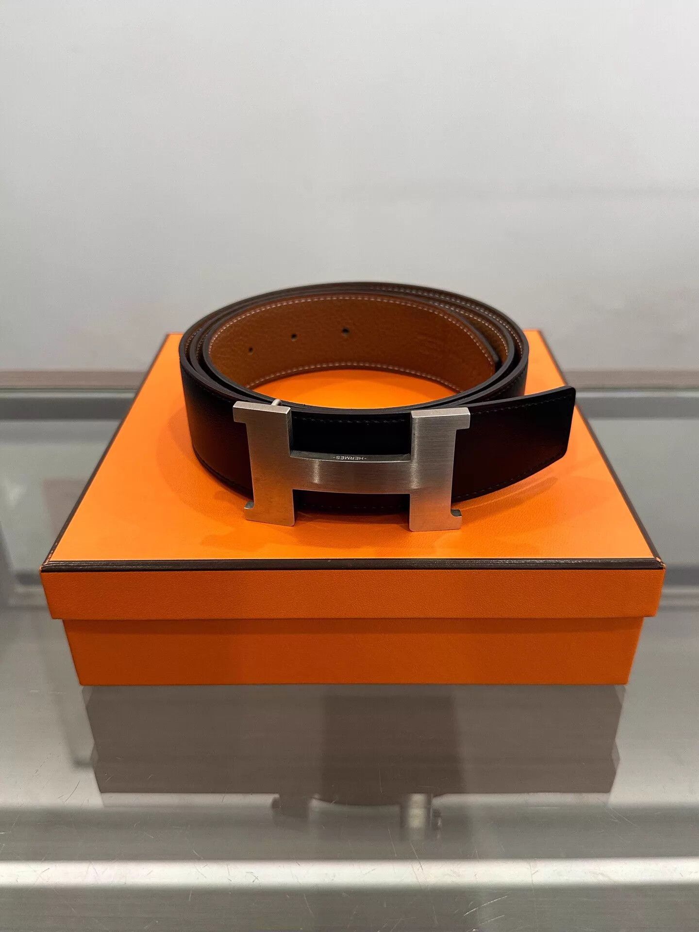 Hermes Hermes Men's Black & Brown H Belt 3.8cm Silver 100cm B Box Size ONE SIZE - 1 Thumbnail