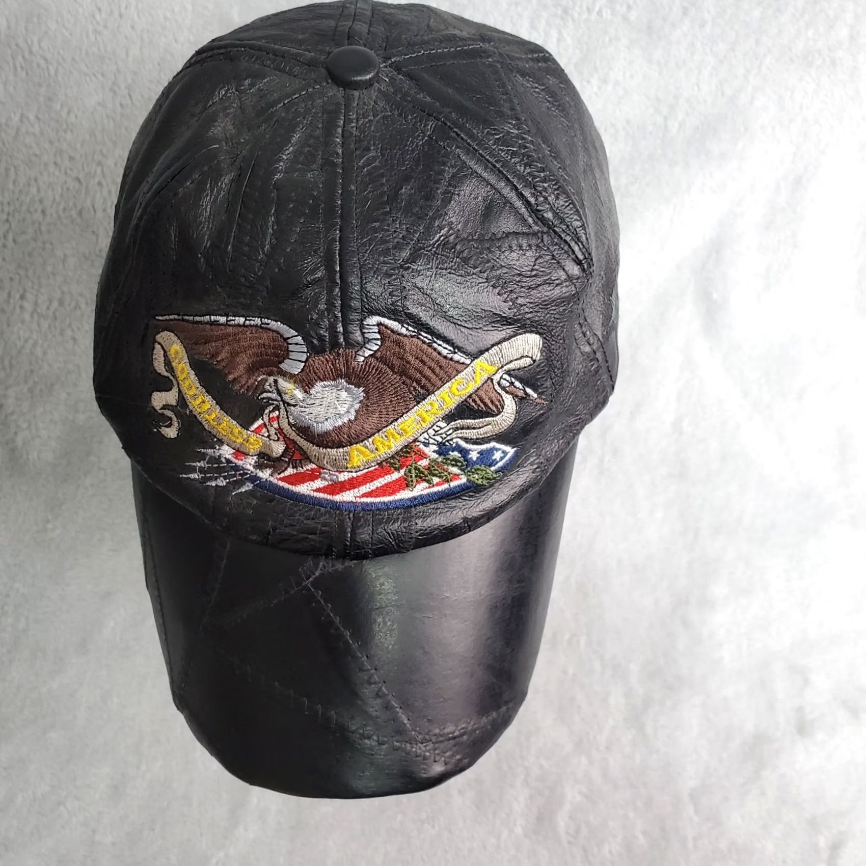 Vintage God Bless America Leather Baseball Cap Hat Men's Black Patchwork Eagle Flag Size ONE SIZE - 2 Thumbnail