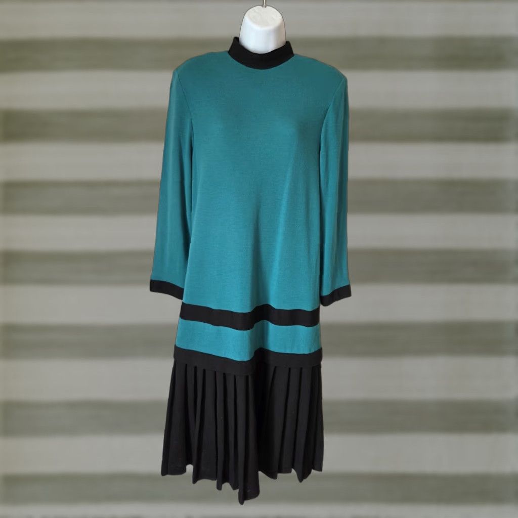 Altea VINTAGE Caron Petite Teal Black New Wave Drop Waist Midi Dress 8 Womens Size M / US 6-8 / IT 42-44 - 1 Thumbnail
