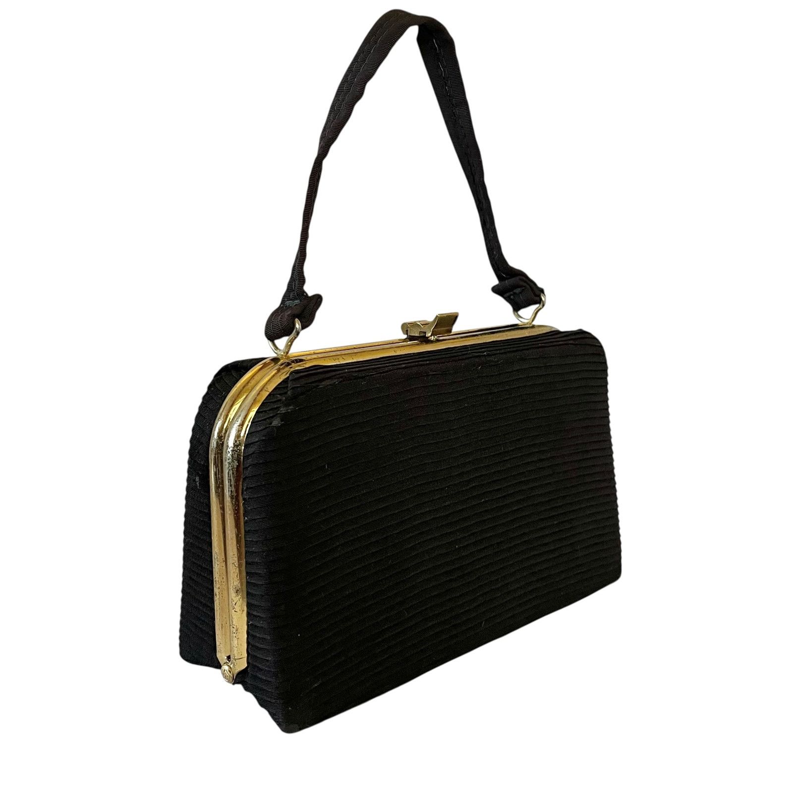 Vintage 1950s Vintage Black Pleated Faille Top Handle Frame Handbag Size ONE SIZE - 8 Thumbnail