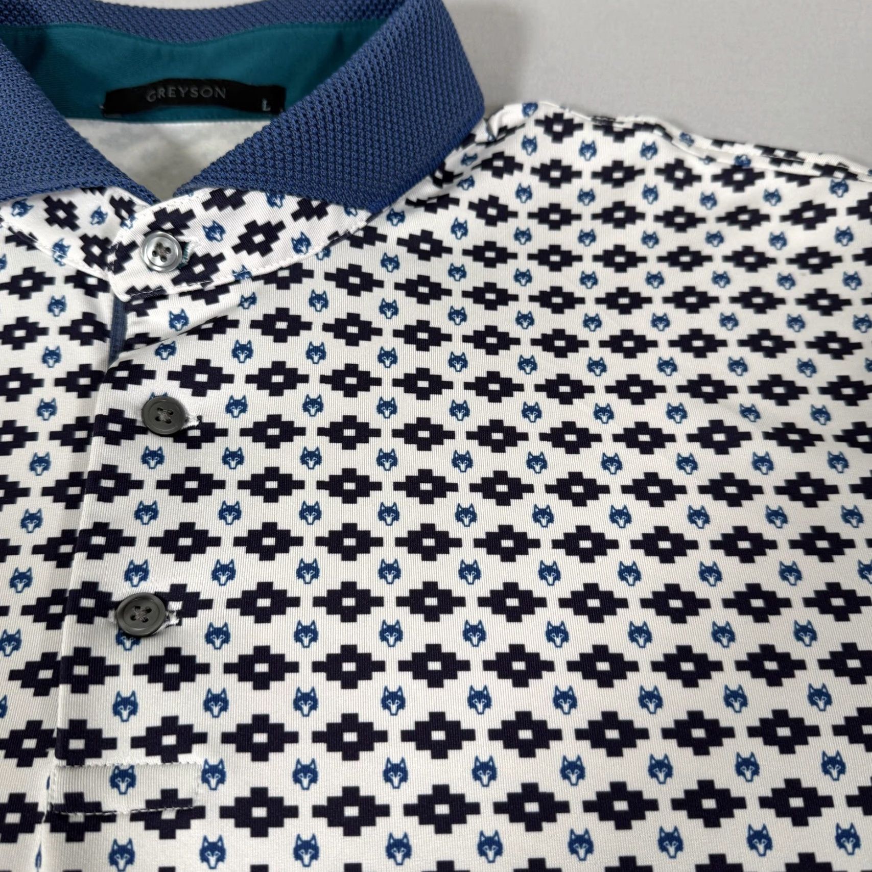 Vintage Greyson Polo Shirt Mens Large White Geometric Aztec Wolf Head Logo Stretch Golf Performance Size US L / EU 52-54 / 3 - 3 Thumbnail