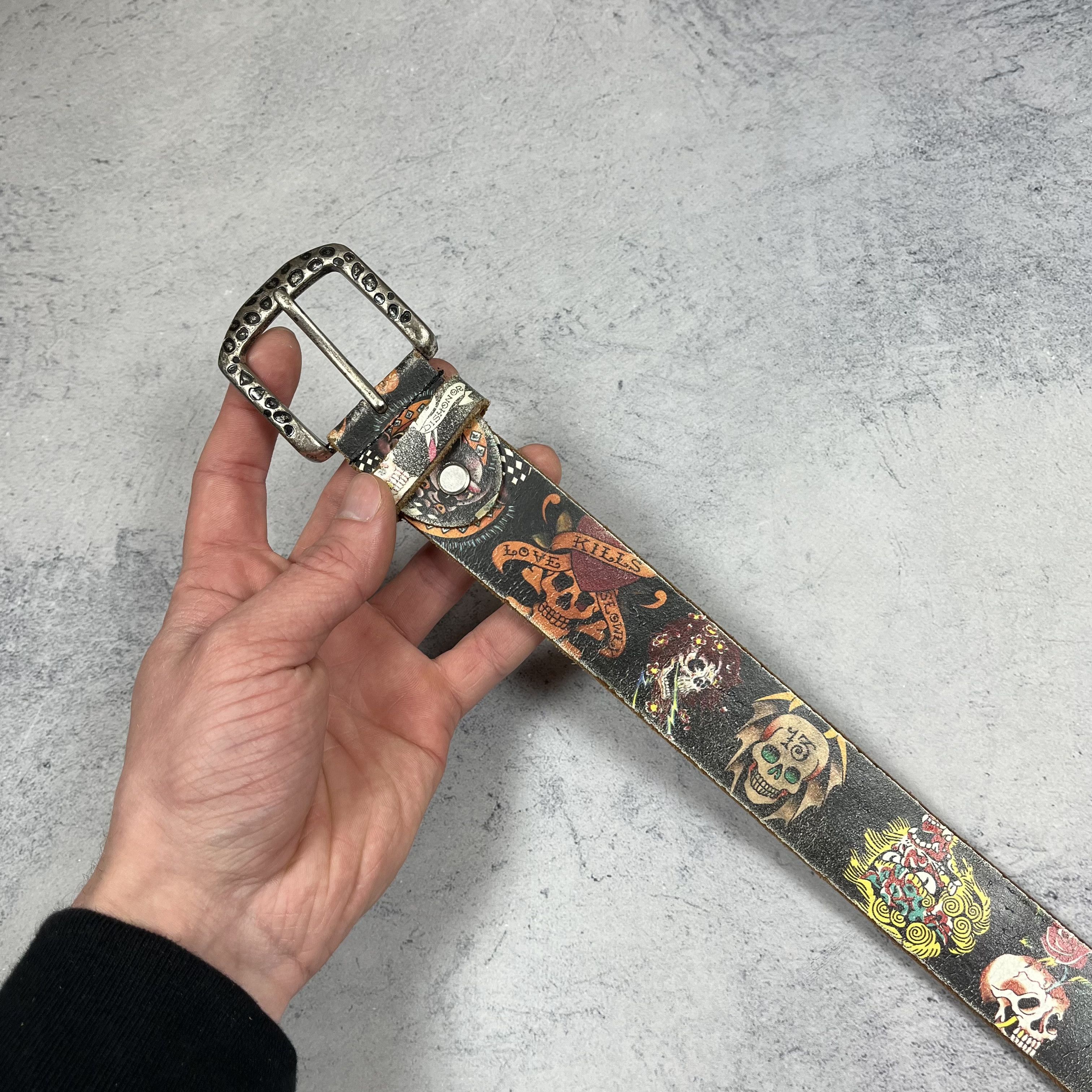 Ed Hardy Vintage Ed Hardy Y2K Tattoo Skulls Leather Belt 2000’s Size ONE SIZE - 2 Thumbnail