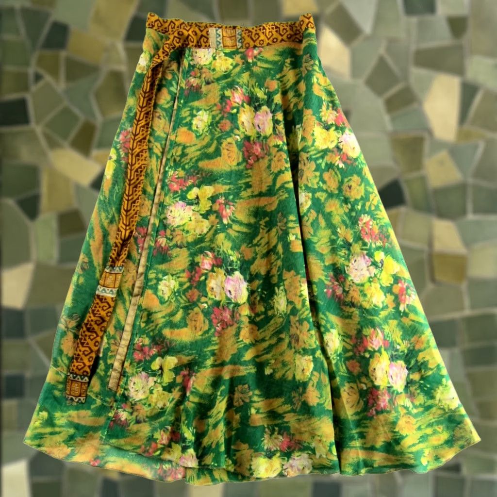 Vintage Earth Bound Orange Brown Green Pink Floral Reversible long Maxi Wrap Skirt OS Size 42" / US 20 - 1 Thumbnail
