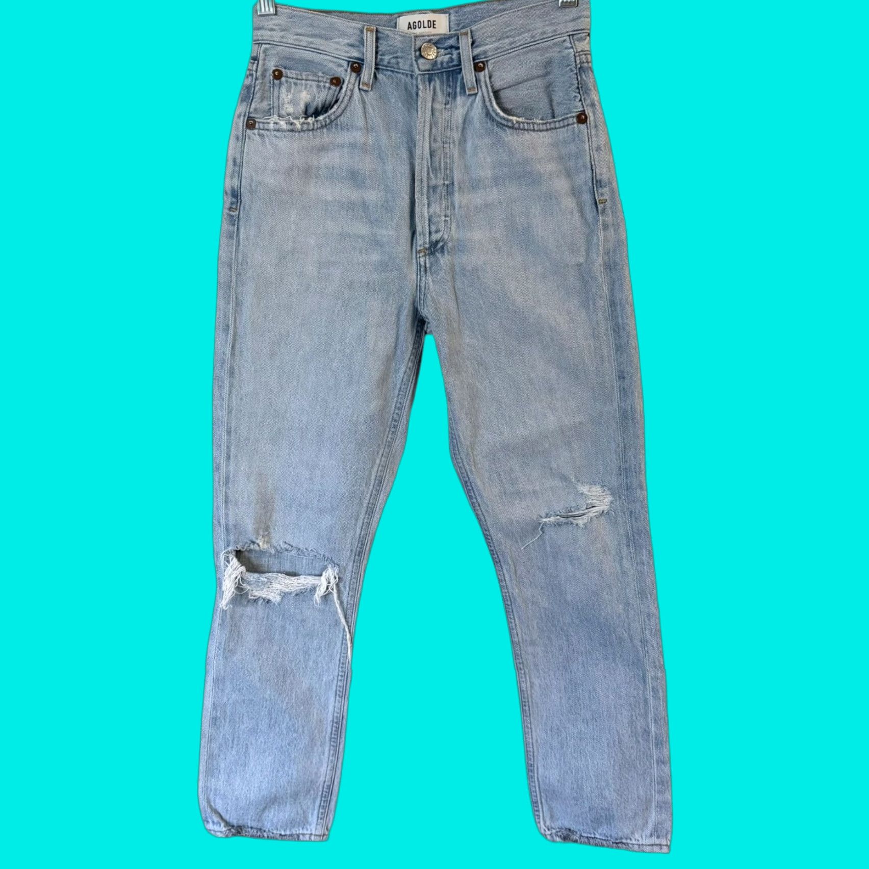 Agolde AGOLDE Riley High-Rise Straight Crop Jeans Blue Distressed Button-Fly Women's 24 Denim 5-Pocket Inseam 25"} Size 42" / US 20 - 1 Thumbnail