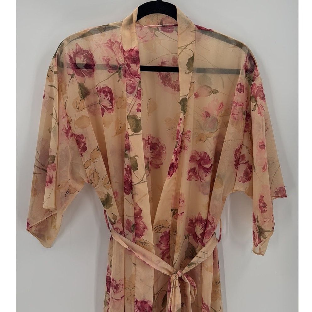 Vintage Vintage 80s pink floral sheer kimono sleeves robe size s/m Size ONE SIZE - 3 Thumbnail