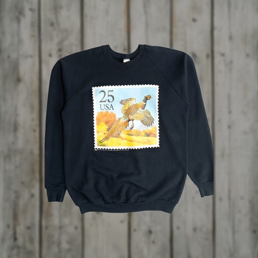 Fruit Of The Loom Vintage Pheasant USA Postage Stamp Sweatshirt 1990s XS-XL Black Cotton / Polyester Fruit of the Loom Mens Ladies Womens Boys Girls Size US XL / EU 56 / 4 - 1 Thumbnail