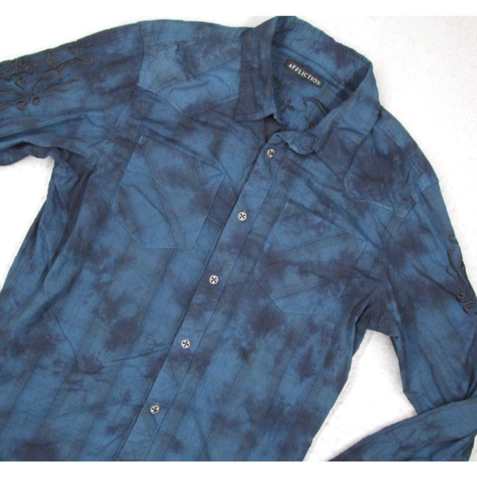 Affliction Affliction Mens Large Blue Tie Dye Long Sleeve Embroidered Button Up Shirt Cotton Blend Size US L / EU 52-54 / 3 - 2 Thumbnail