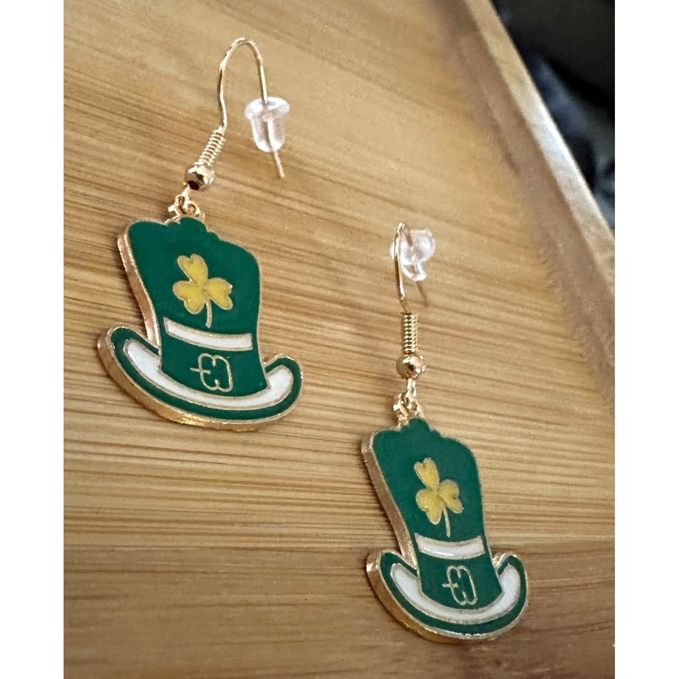Handmade St Patricks Day Leprechaun Hat Earrings Shamrock Green Dang Size ONE SIZE - 2 Thumbnail