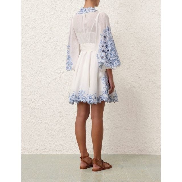 Zimmermann oc11z0525 Floral Embroidery Mini Dress in White & Blue Size L / US 10 / IT 46 - 5 Thumbnail