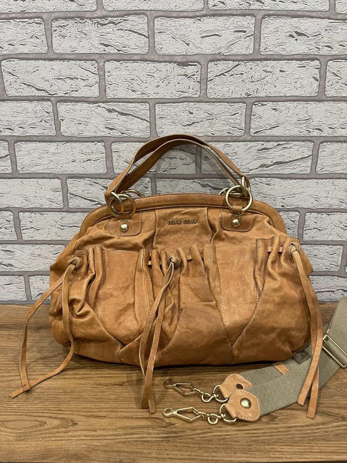 Miu Miu Vintage Leather Satchel Shoulder Bag in Beige, Women's