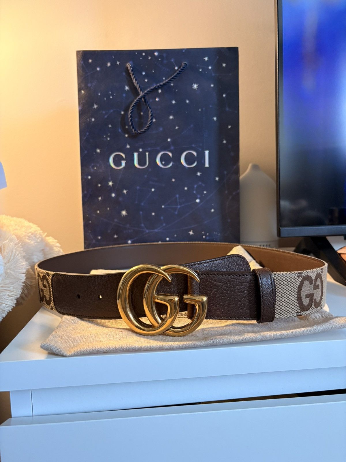 Gucci Gucci GG Marmont Reversible Belt Brown Beige Gold Buckle Size 38 - 3 Thumbnail