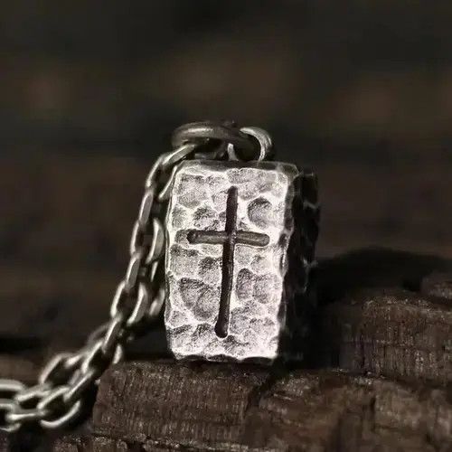 Jewelry x Military Cross Stone Pendant Rock Charm Stainless Steel Necklace Gift in Silver, Men's