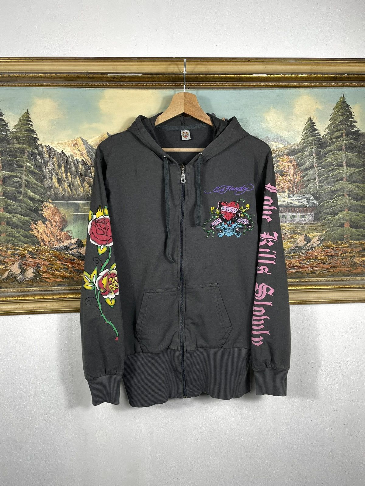 Christian Audigier × Ed Hardy × Vintage Ed Hardy Retro 00s Hoodie With Crystals Affliction Grunge Size M / US 6-8 / IT 42-44 - 1 Thumbnail