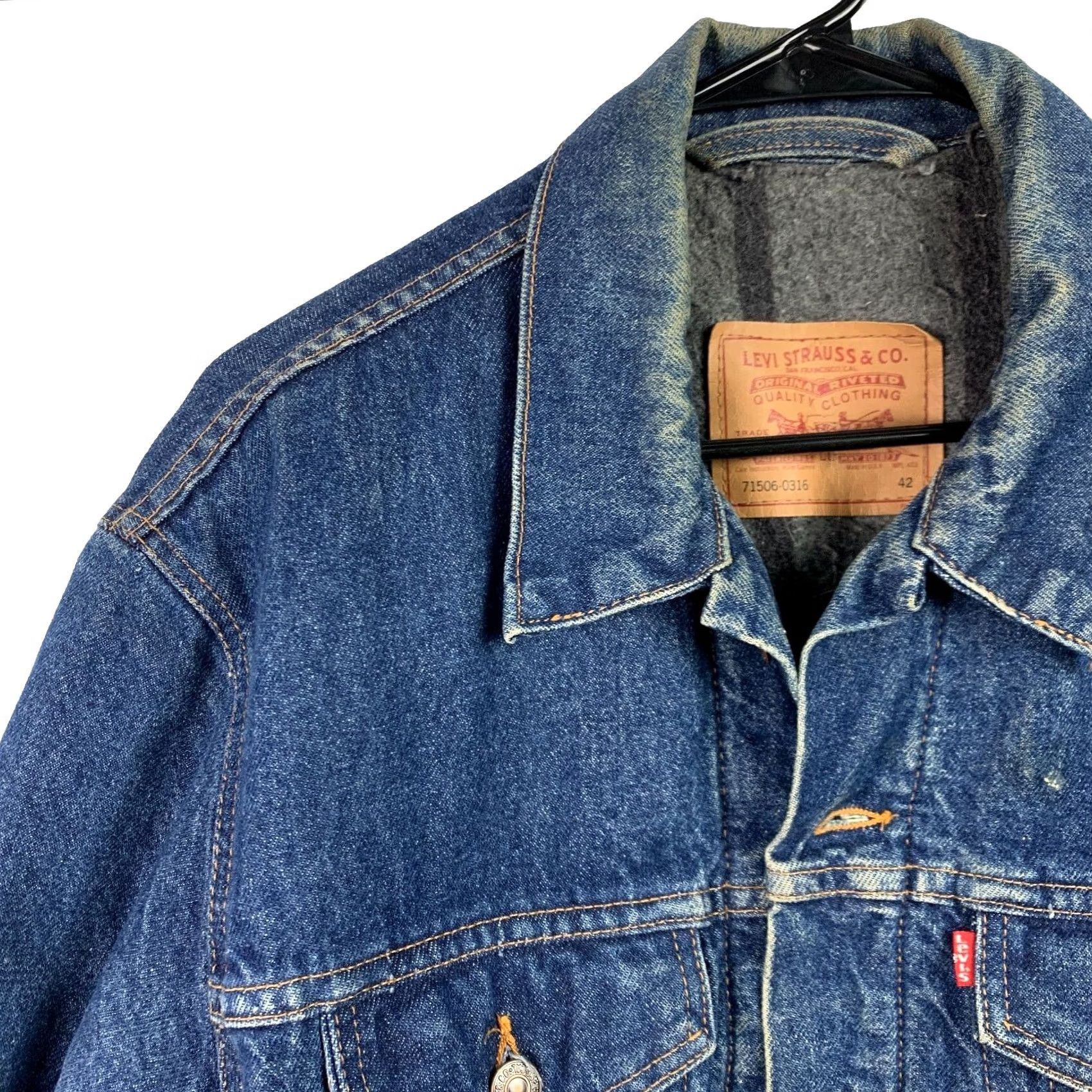 Levi's VINTAGE Levi's 715 Button Stamp Blanket Lined 71506-0316 Trucker Jacket 42 Blue Denim Rockabilly 1990s Mens/Adults Size US XS / EU 42 / 0 - 2 Thumbnail