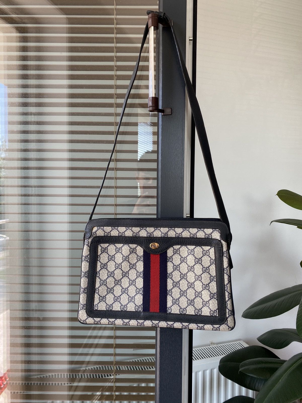 Gg Gucci Plus Monogram Canvas Web Sherry Shoulder Bag Blue, Men's