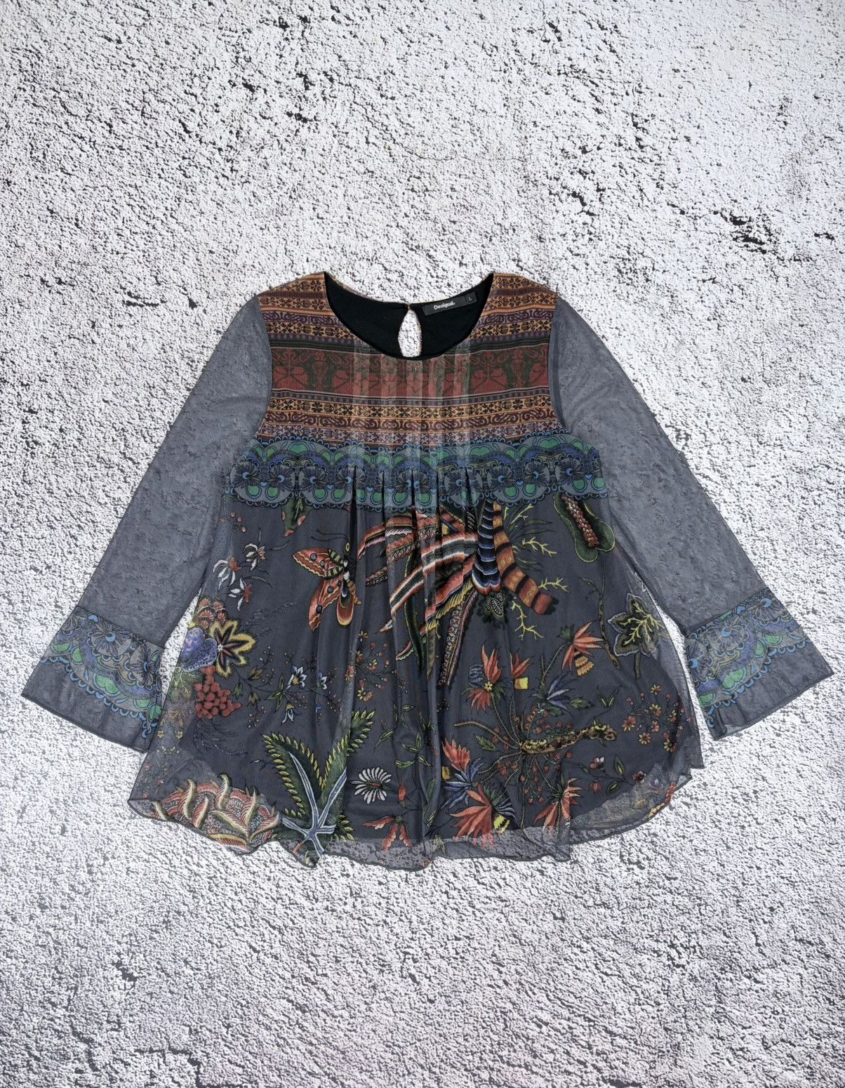 Jean Paul Gaultier Desigual Mesh Long Sleeve Boho Top Floral Graphic Print L Size L / US 10 / IT 46 - 1 Thumbnail