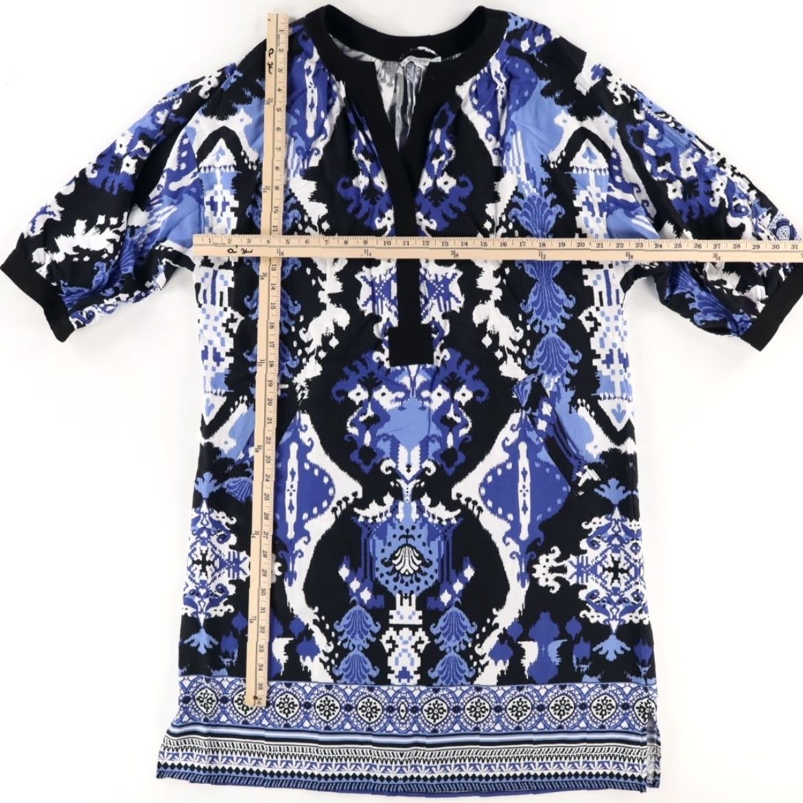 Vintage Chicos Chicos Shirt Dress Blue Women L V-Neck 3/4 Sleeve Tiered Midi Boho All Over Print Dress Size L / US 10 / IT 46 - 3 Thumbnail