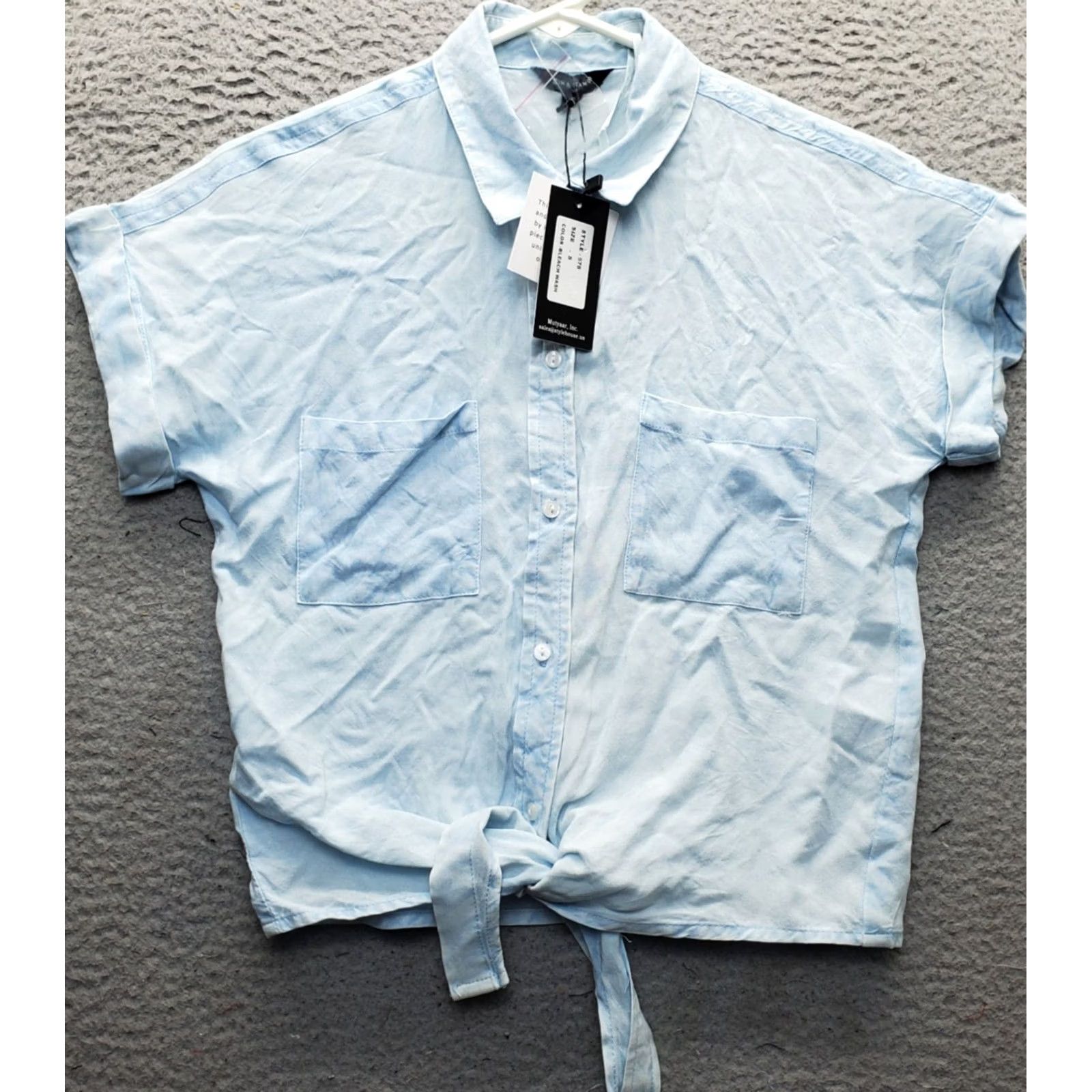 Vintage Sim & Sam Shirt Womens S Blue Short Sleeve Button Front Clear Hem Knotted Hem Cropped Casual Shirt Womens S Blue Size S / US 4 / IT 40 - 2 Thumbnail