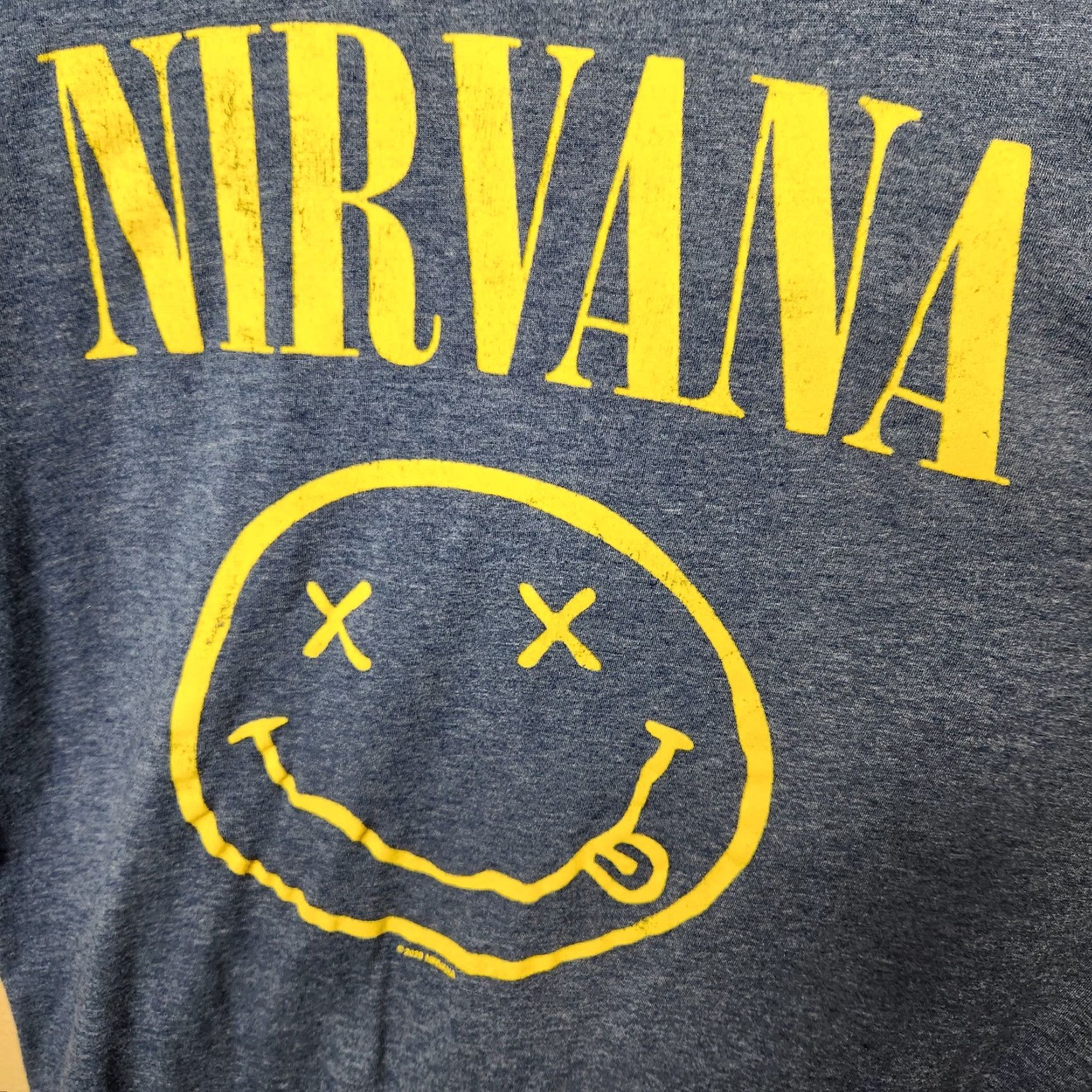 Vintage Nirvana Smiley Face T-Shirt Unisex Blue Yellow Short Sleeve Cotton/Polyester Tee-Size L Mens 90s Grunge Band Regular Size US 33 - 2 Thumbnail