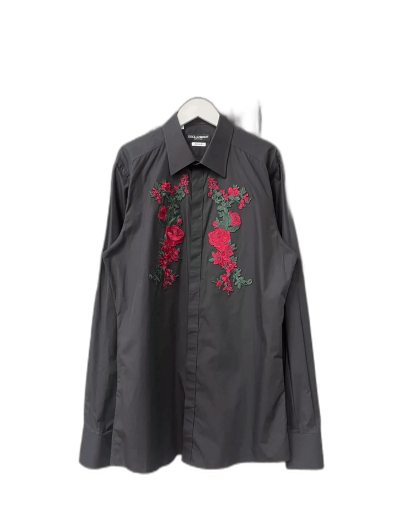 Dolce & Gabbana Black Shirt with Floral Embroidery Size US M / EU 48-50 / 2 - 1 Thumbnail
