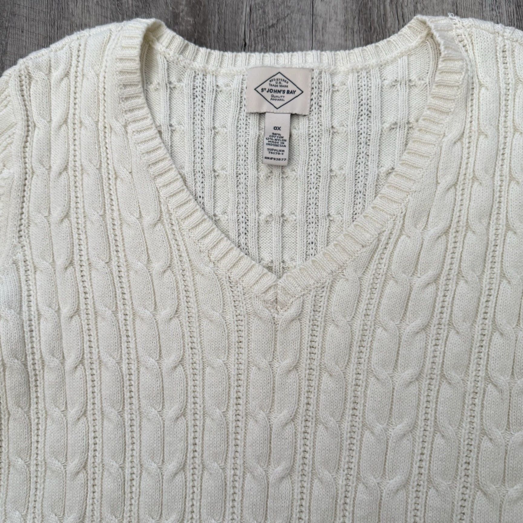Vintage St. John's Bay Cable Knit V-Neck Sweater 0X Womens Plus Ivory Cotton Nylon NEW Cardigan Size XL / US 12-14 / IT 48-50 - 3 Thumbnail