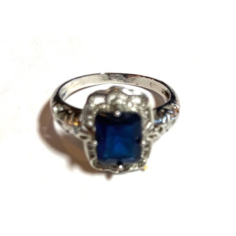 Other Silver tone Ring W/Rectangular Tested Sapphire Stone & Cryst Size ONE SIZE - 7 Thumbnail