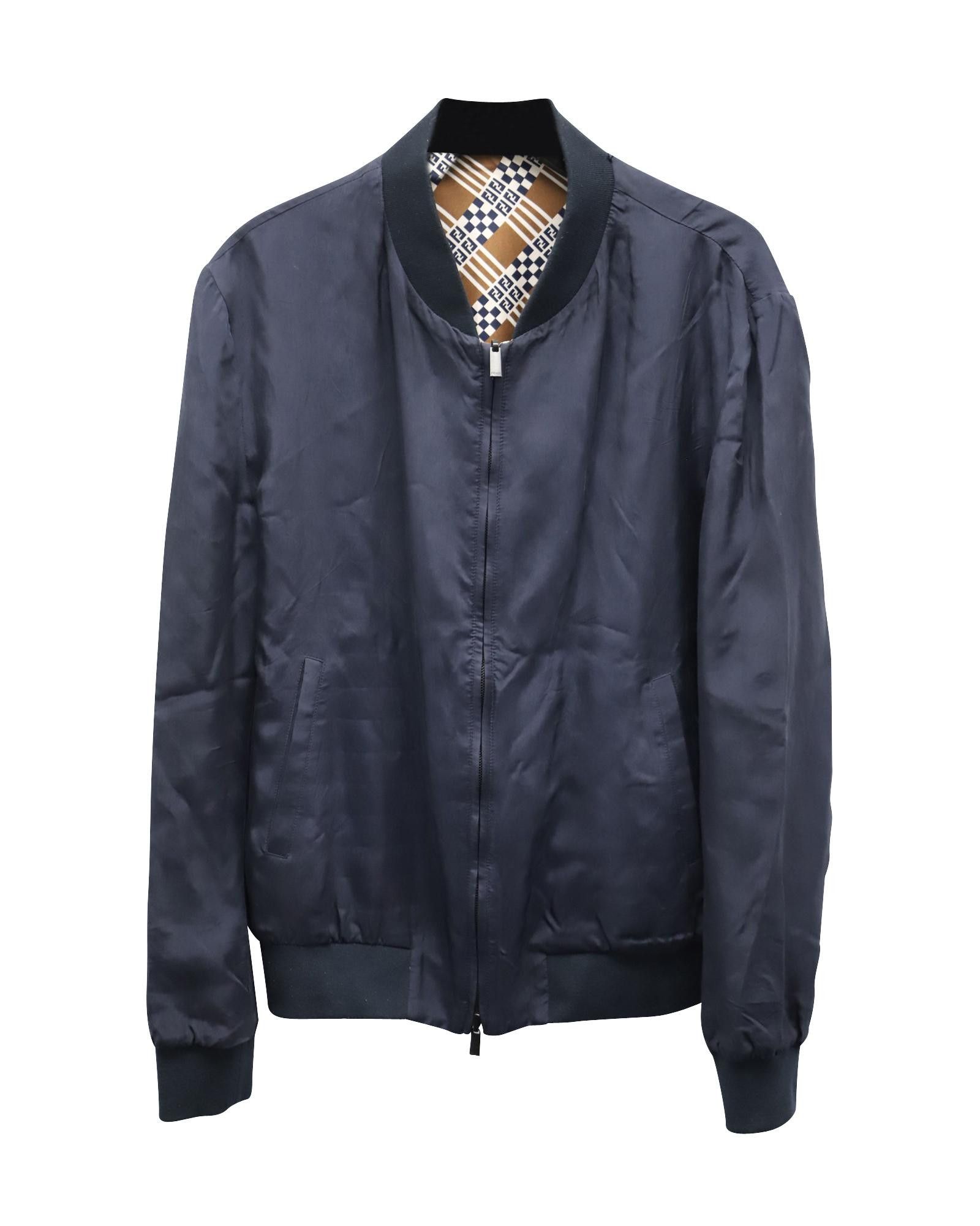 image of Fendi Reversible Geometric Print Silk Bomber Jacket With Front Zip Closure in Blue (Size Small)