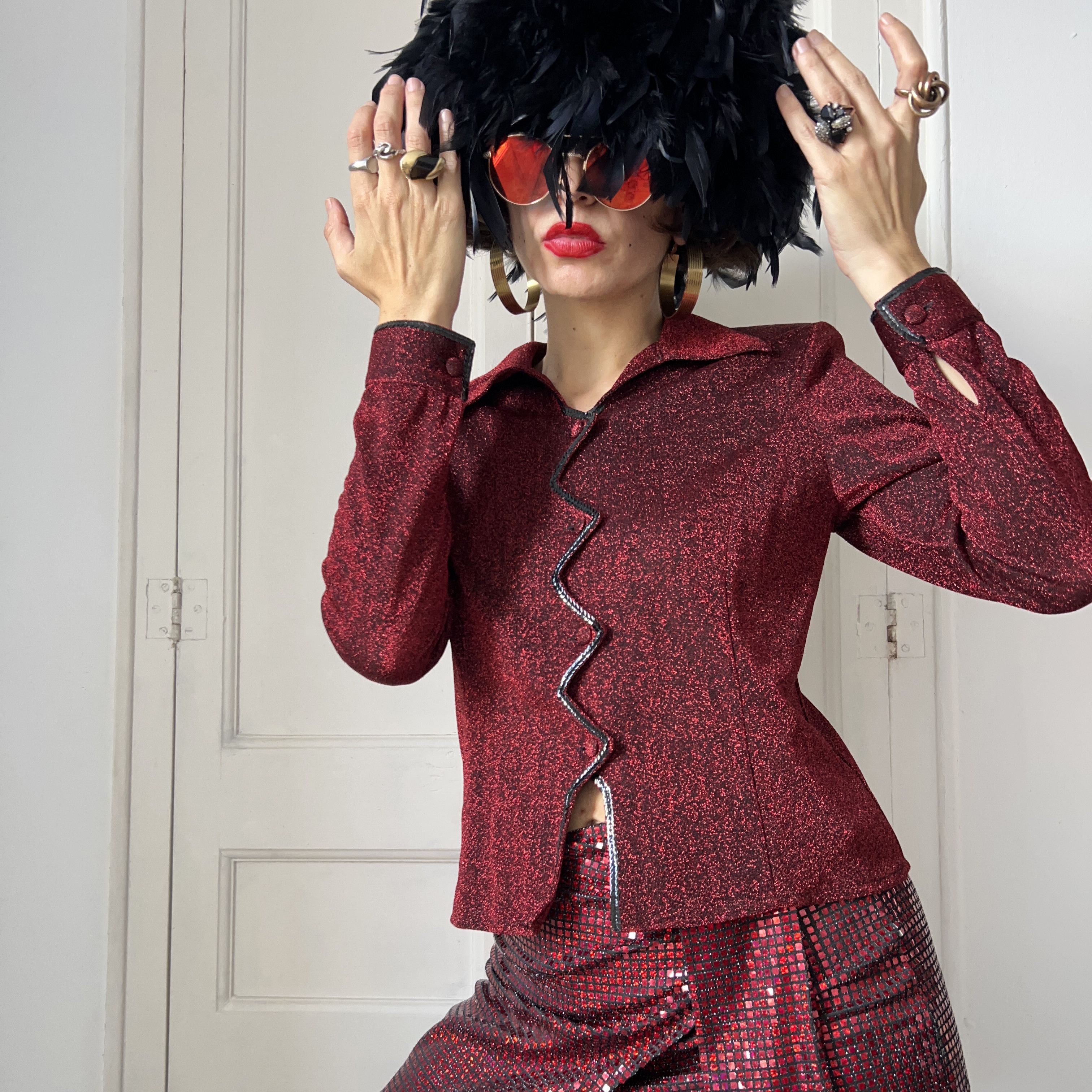 Vintage Vintage 90s Burgundy Glitter Zig Zag Front Blouse Size S / US 4 / IT 40 - 5 Thumbnail