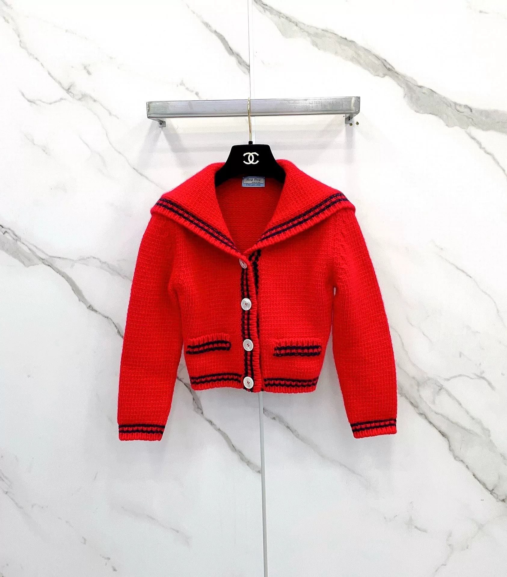 Miu Miu Miu Miu Red Short Nautical Knit Cardigan Size XS / US 0-2 / IT 36-38 - 1 Thumbnail