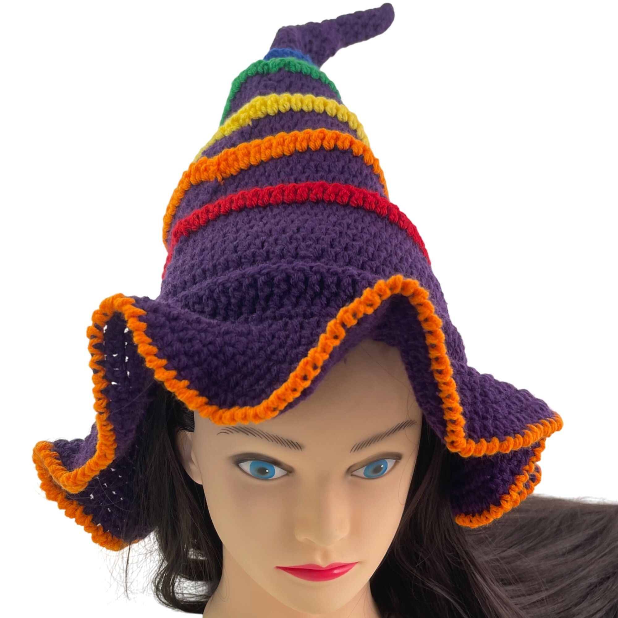Handmade Crochet Witch Wizard Hat Handmade Purple Blue Orange Red Yel Size ONE SIZE - 1 Thumbnail
