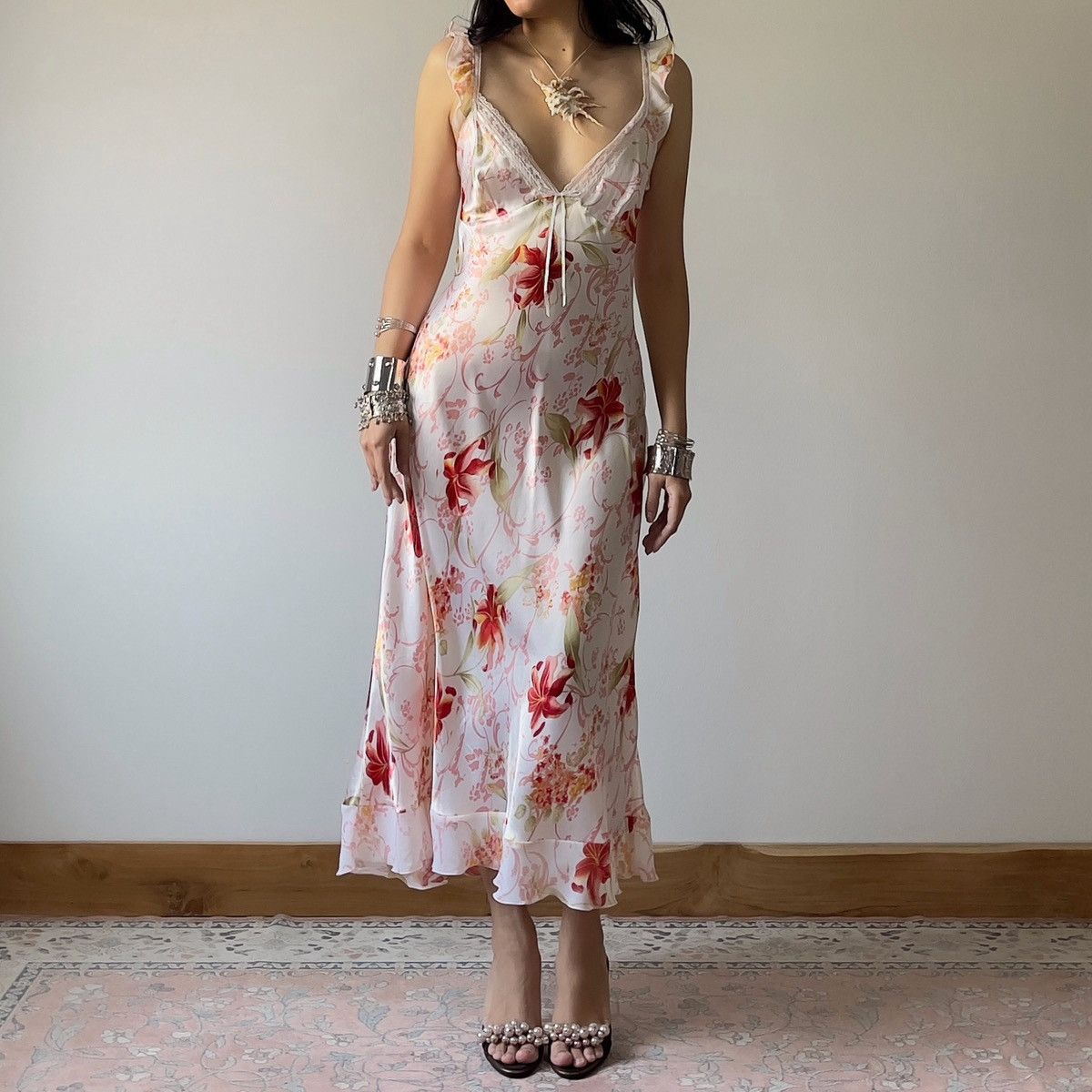 Other Romantic White Floral Satin Maxi Slip Dress (L) Size L / US 10 / IT 46 - 4 Thumbnail