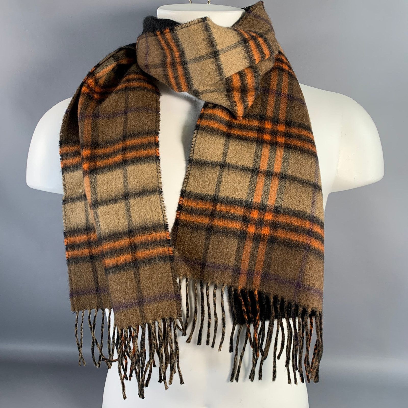 Burberry BURBERRY Brown Orange Plaid Cashmere Scarf Size ONE SIZE - 1 Thumbnail