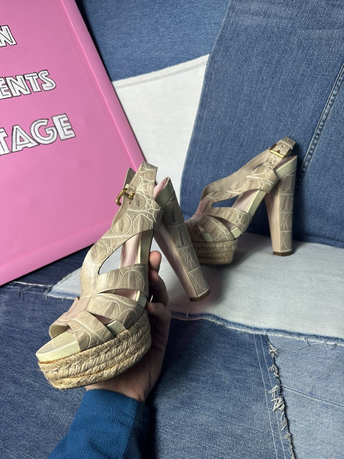 Miu Miu Miu Miu Sandals Open Toe Heels Strappy Platform Beige Size US 8 / IT 38 - 9 Thumbnail